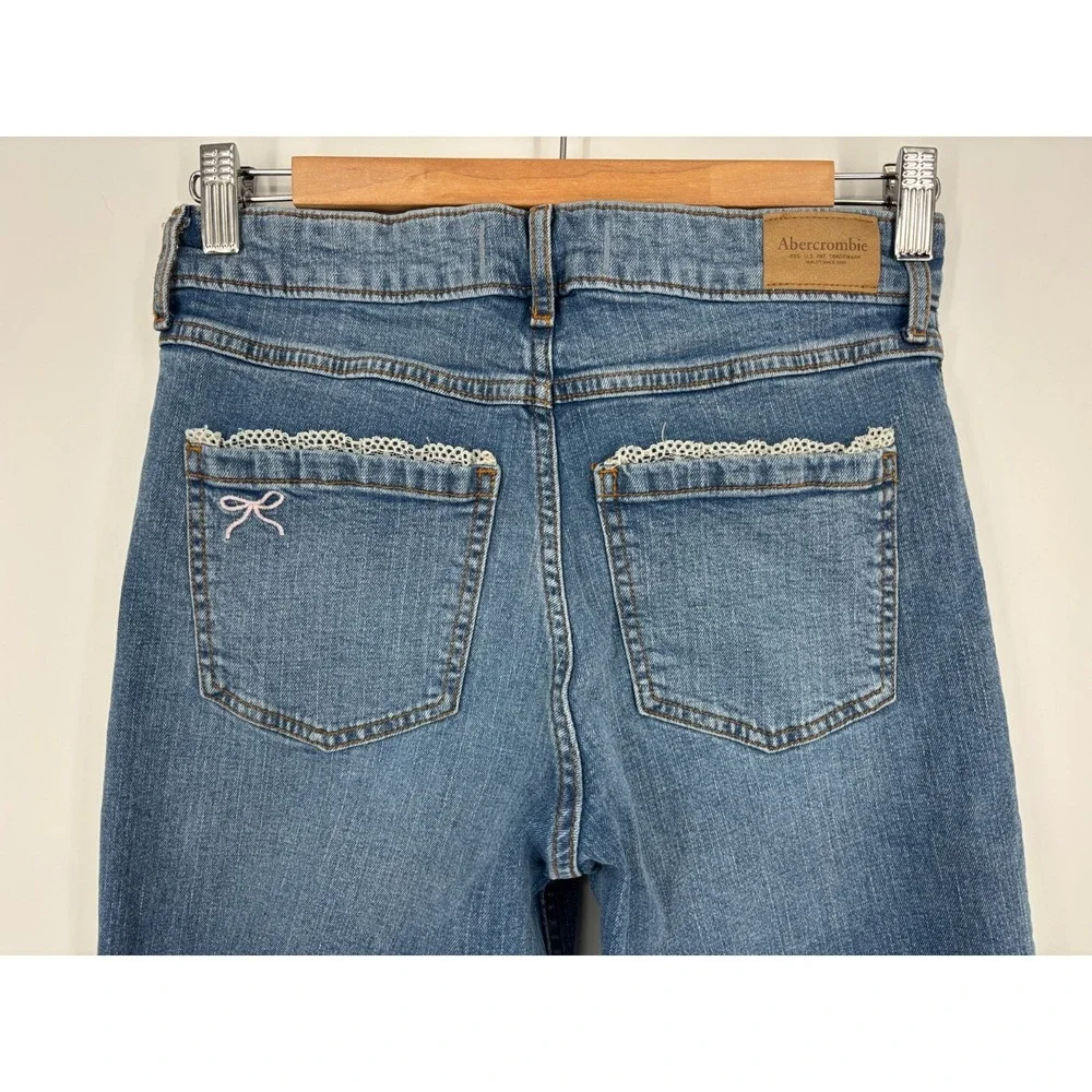 Abercrombie Kids Jeans Girls 15/16 Blue High Rise Wide Leg Denim Bow Crochet